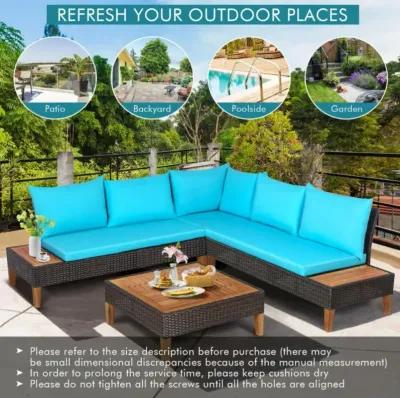 Hivvago 4 Pieces Patio Cushioned Rattan Furniture Set with Wooden Side Table-Turquoise