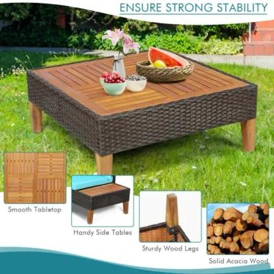 Hivvago 4 Pieces Patio Cushioned Rattan Furniture Set with Wooden Side Table-Turquoise