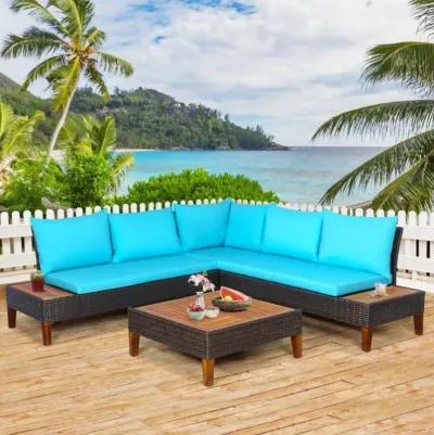 Hivvago 4 Pieces Patio Cushioned Rattan Furniture Set with Wooden Side Table-Turquoise