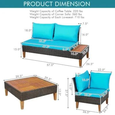 Hivvago 4 Pieces Patio Cushioned Rattan Furniture Set with Wooden Side Table-Turquoise