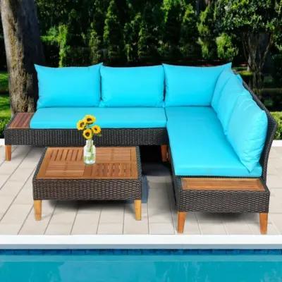 Hivvago 4 Pieces Patio Cushioned Rattan Furniture Set with Wooden Side Table-Turquoise