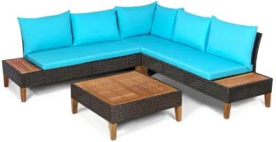 Hivvago 4 Pieces Patio Cushioned Rattan Furniture Set with Wooden Side Table-Turquoise