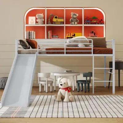 Hivvago Twin Metal Loft Bed with Slide Safety Guardrails and Built-in Ladder