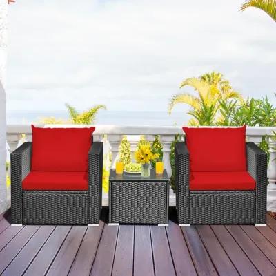 3 Pieces Patio Wicker Conversation Set with Cushion-Red