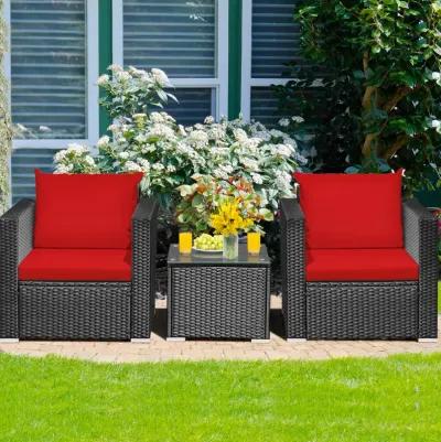 3 Pieces Patio Wicker Conversation Set with Cushion-Red