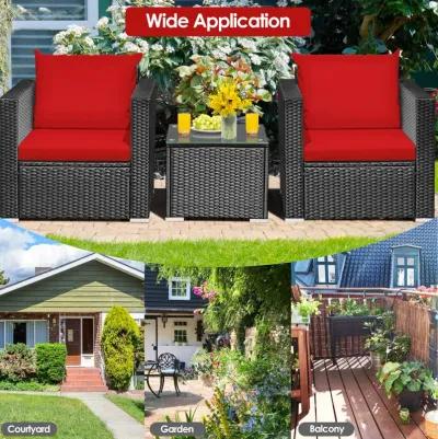 3 Pieces Patio Wicker Conversation Set with Cushion-Red