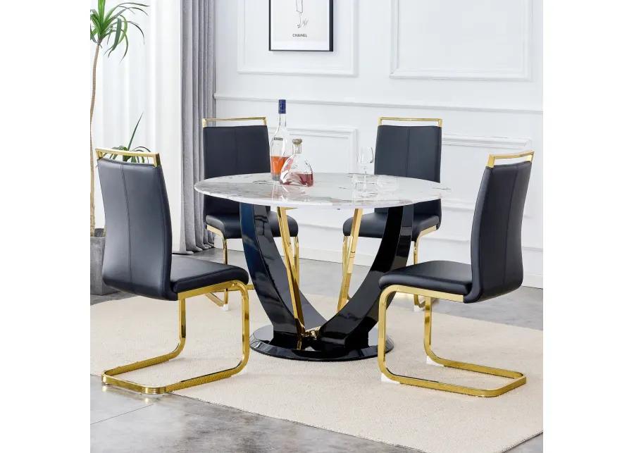 Table and chair set. 1 table and 4 chairs. Round Pandora style stone burning tabletop with black MDF legs. Paired with 4 chairs with PU black cushions and golden legs.908 1162