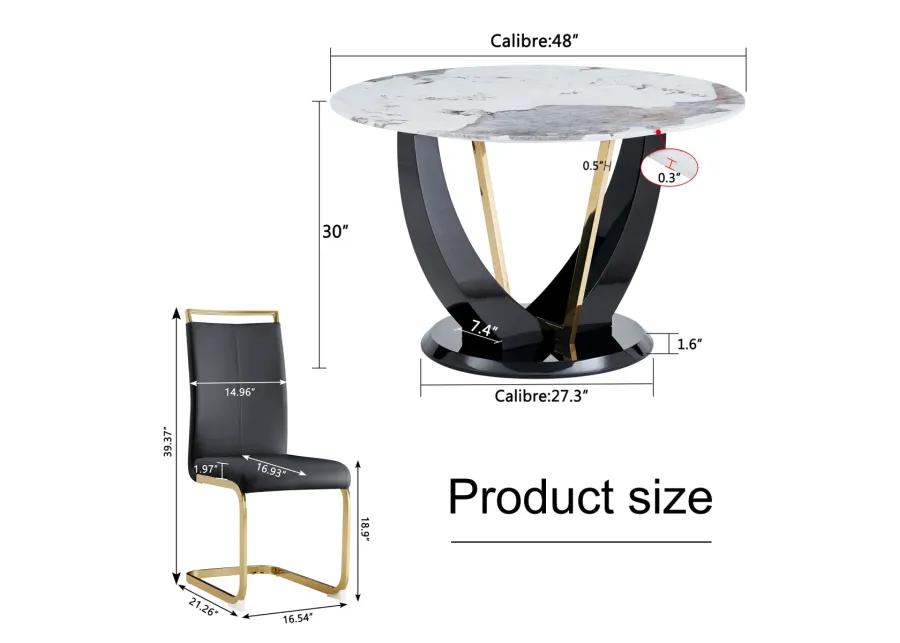 Table and chair set. 1 table and 4 chairs. Round Pandora style stone burning tabletop with black MDF legs. Paired with 4 chairs with PU black cushions and golden legs.908 1162