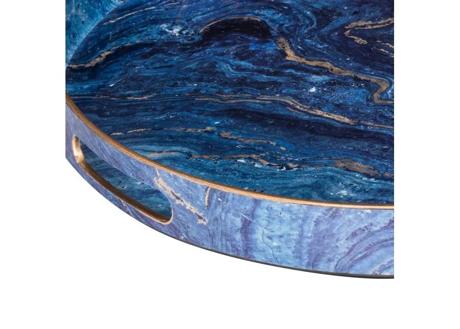 Set of 2 Round Accent Trays, Tabletop Decor, Marbling, Blue, Gold Marbling - Benzara