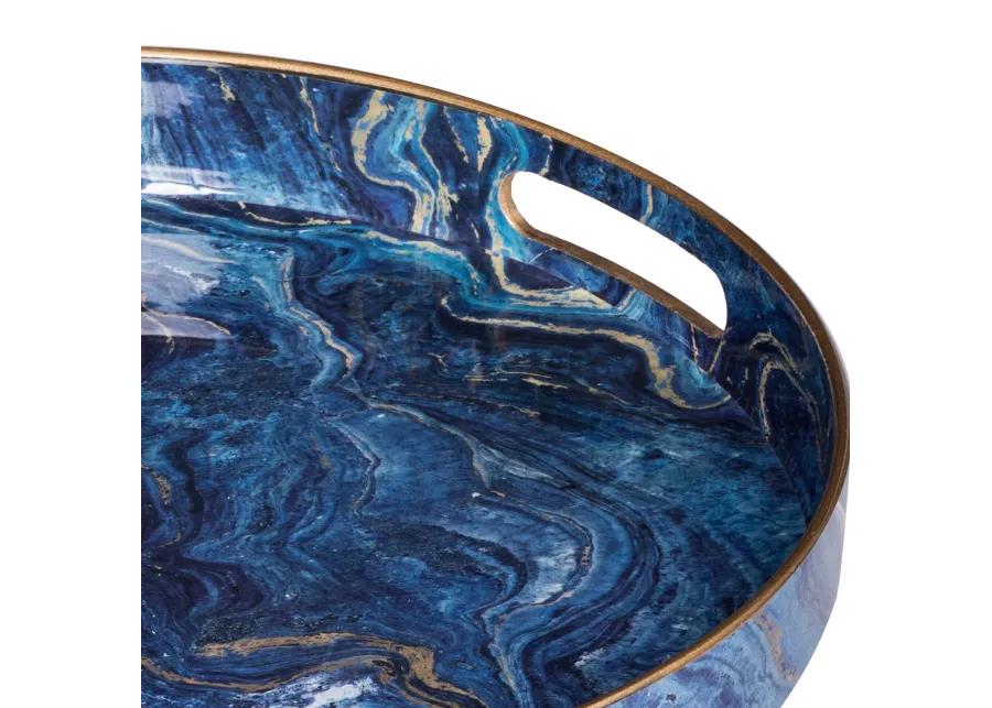 Set of 2 Round Accent Trays, Tabletop Decor, Marbling, Blue, Gold Marbling - Benzara