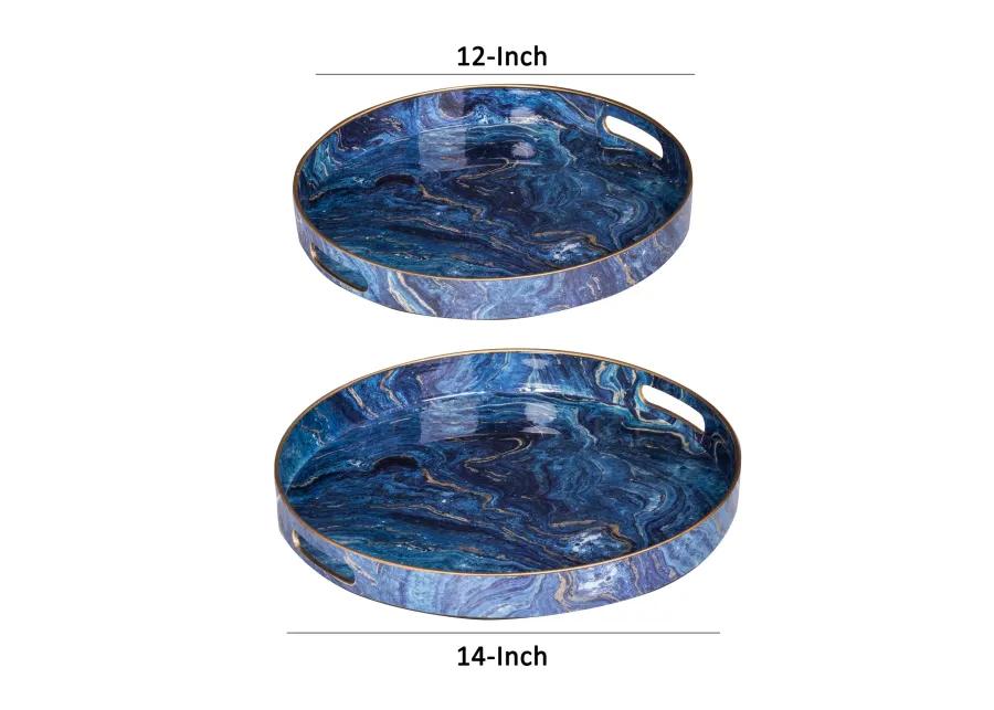 Set of 2 Round Accent Trays, Tabletop Decor, Marbling, Blue, Gold Marbling - Benzara