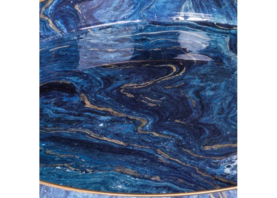 Set of 2 Round Accent Trays, Tabletop Decor, Marbling, Blue, Gold Marbling - Benzara