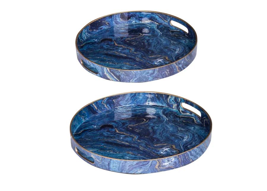 Set of 2 Round Accent Trays, Tabletop Decor, Marbling, Blue, Gold Marbling - Benzara