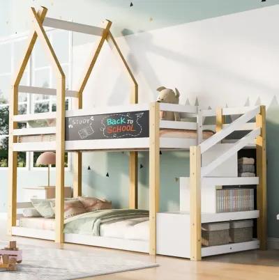 Merax House Kids Bunk Bed with White Storage Staircase