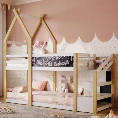 Merax House Kids Bunk Bed with White Storage Staircase