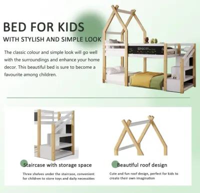 Merax House Kids Bunk Bed with White Storage Staircase