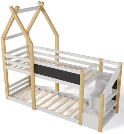 Merax House Kids Bunk Bed with White Storage Staircase