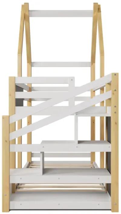 Merax House Kids Bunk Bed with White Storage Staircase