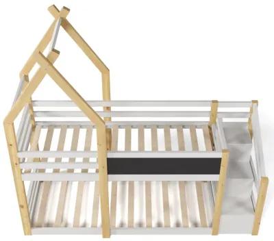 Merax House Kids Bunk Bed with White Storage Staircase