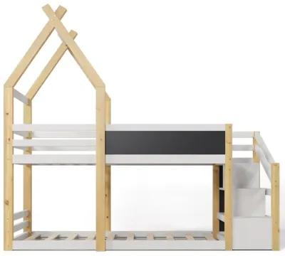 Merax House Kids Bunk Bed with White Storage Staircase