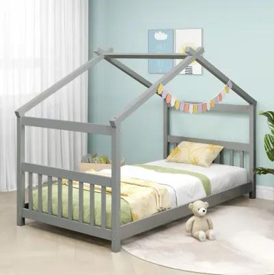 Twin Size Wooden House Bed with Roof-Gray