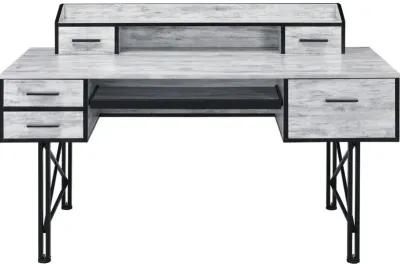 Computer Desk with 5 Drawers and Grains, Antique White and Black-Benzara