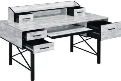 Computer Desk with 5 Drawers and Grains, Antique White and Black-Benzara