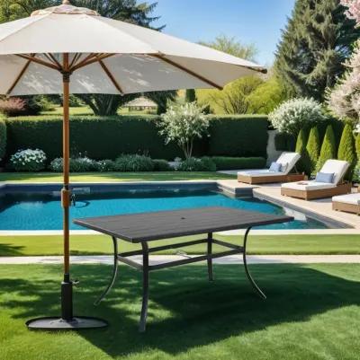 MONDAWE Rectangular Composite Outdoor Dining Table Woodgrain Top Patio Side Table with Umbrella Hole