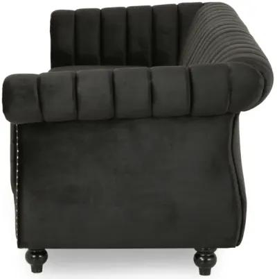 Omny Sofa, Nailhead Trim, Scroll Arms, Channel Tufted Black Velvet - Benzara