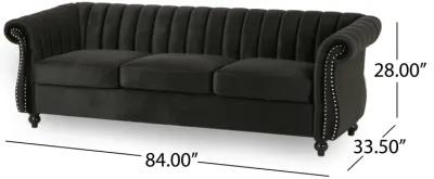 Omny Sofa, Nailhead Trim, Scroll Arms, Channel Tufted Black Velvet - Benzara