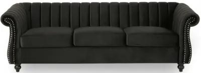 Omny Sofa, Nailhead Trim, Scroll Arms, Channel Tufted Black Velvet - Benzara