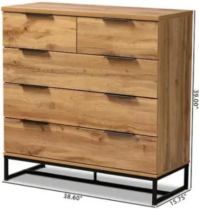 Oak Finished Wood and Black Finished Metal 5-Drawer Bedroom Chest