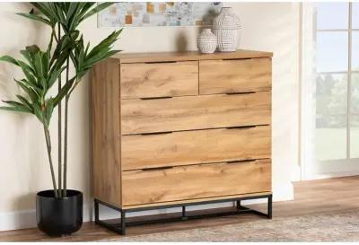 Oak Finished Wood and Black Finished Metal 5-Drawer Bedroom Chest