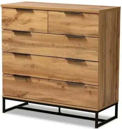 Oak Finished Wood and Black Finished Metal 5-Drawer Bedroom Chest