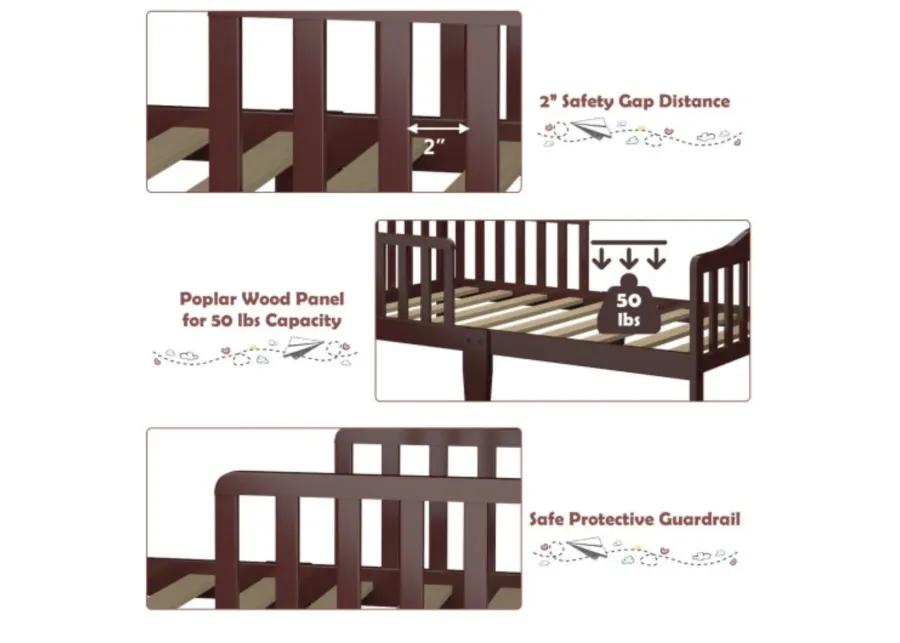 Classic Design Kids Wood Toddler Bed Frame with Two Side Safety Guardrails