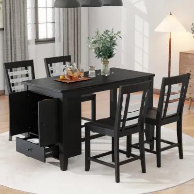 MONDAWE Counter Height 5-Piece Dining Table Set with Faux Marble Tabletop, Solid Wood Table Set with Storage Cabinet and Drawer