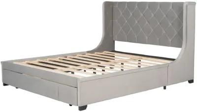 Queen Size Storage Bed Velvet Upholstered Platform Bed With Wingback Headboard And Big Drawer