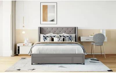 Queen Size Storage Bed Velvet Upholstered Platform Bed With Wingback Headboard And Big Drawer