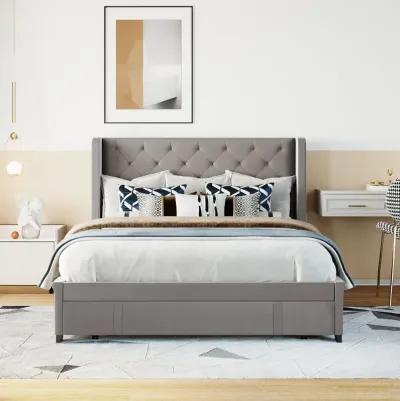 Queen Size Storage Bed Velvet Upholstered Platform Bed With Wingback Headboard And Big Drawer