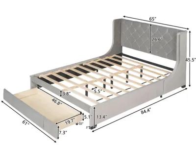 Queen Size Storage Bed Velvet Upholstered Platform Bed With Wingback Headboard And Big Drawer