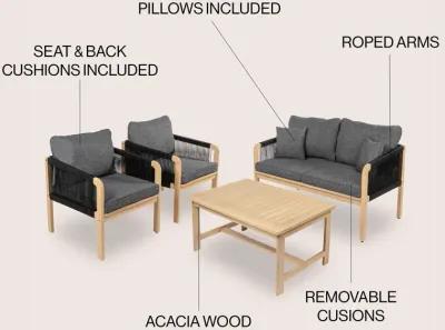 Tavira 4-Piece Modern Bohemian Acacia Wood Outdoor Patio Set with Cushions and Plain Decorative Pillows, Beige/Light Teak