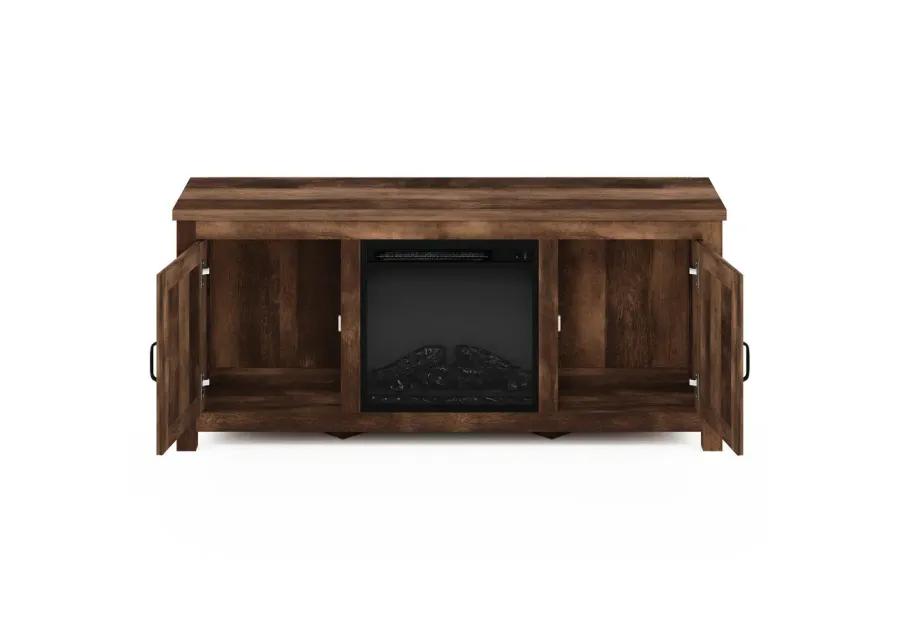 Furinno Jensen Farmhouse Barn Door Fireplace TV Stand with Storage Cabinet for TV up to 60 Inch, Rustic Brown