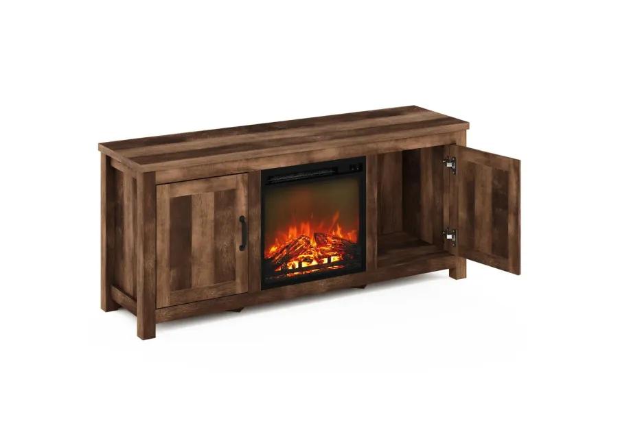 Furinno Jensen Farmhouse Barn Door Fireplace TV Stand with Storage Cabinet for TV up to 60 Inch, Rustic Brown