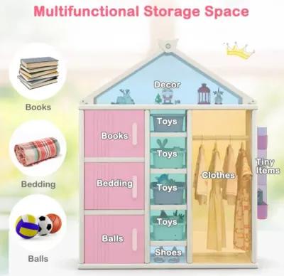 Hivvago Kids Costume Storage Closet with Storage Bins and Shelves and Side Baskets for Kids Room