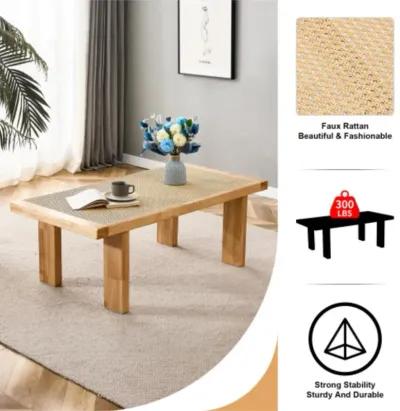 Modern and minimalist rectangular rattan tabletop with rubber wooden legs, imitation rattan woven Chinese side table, suitable for small rectangular tables in living rooms, dining rooms, and bedrooms