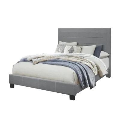 Queen Size Bed with Fabric Wrapped Frame and Panel Headboard, Gray-Benzara