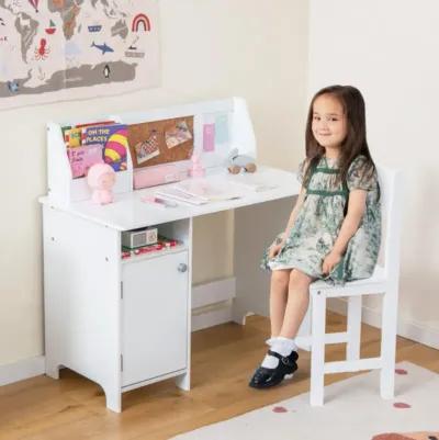 Hivvago Wooden Kids Study Desk and Chair Set with Storage Cabinet and Bulletin Board-White