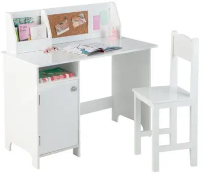 Hivvago Wooden Kids Study Desk and Chair Set with Storage Cabinet and Bulletin Board-White