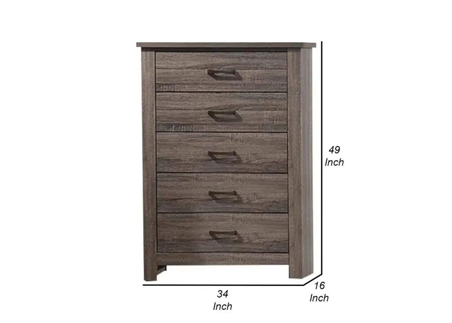 Soma 49 Inch Rustic 5 Drawer Tall Dresser Chest, Bar Handles, Oak Gray-Benzara