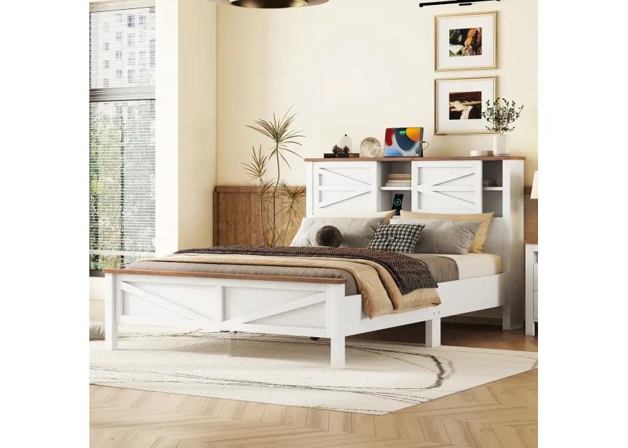 Merax Farmhouse Platform Bed with Charging Station